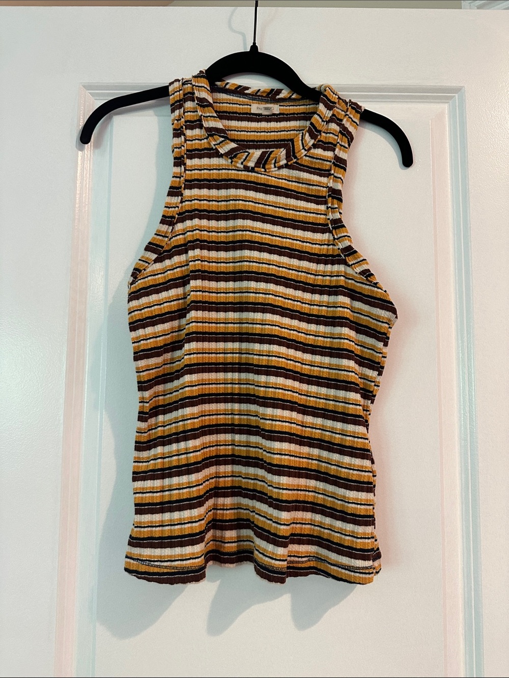 Pilcro Striped Ribbed Tank - Mustard, Black, Cream, Brown